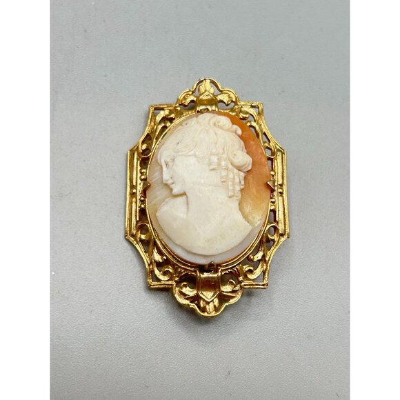 Vintage Cameo Pin Brooch Left Facing Genuine Carved Shell Art Deco Frame Setting - Picture 2 of 10